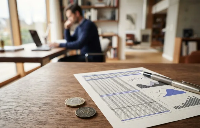 Feuille de calcul de conversion imprimée près d’une pièce en euros, d’une pièce étrangère et d’un stylo.